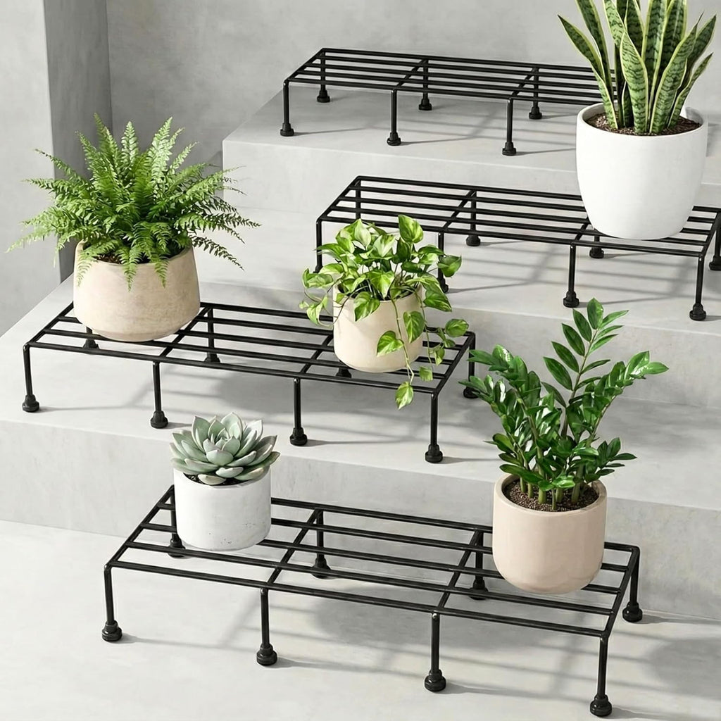 Metal Plant Stand Set of 4 | Black Iron Plant Riser for Living Room, Balcony & Garden Decoration